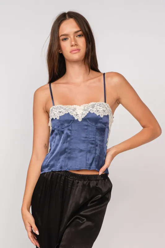 Lucy Navy and White Lace Satin Cami Top sold by Boho Pink