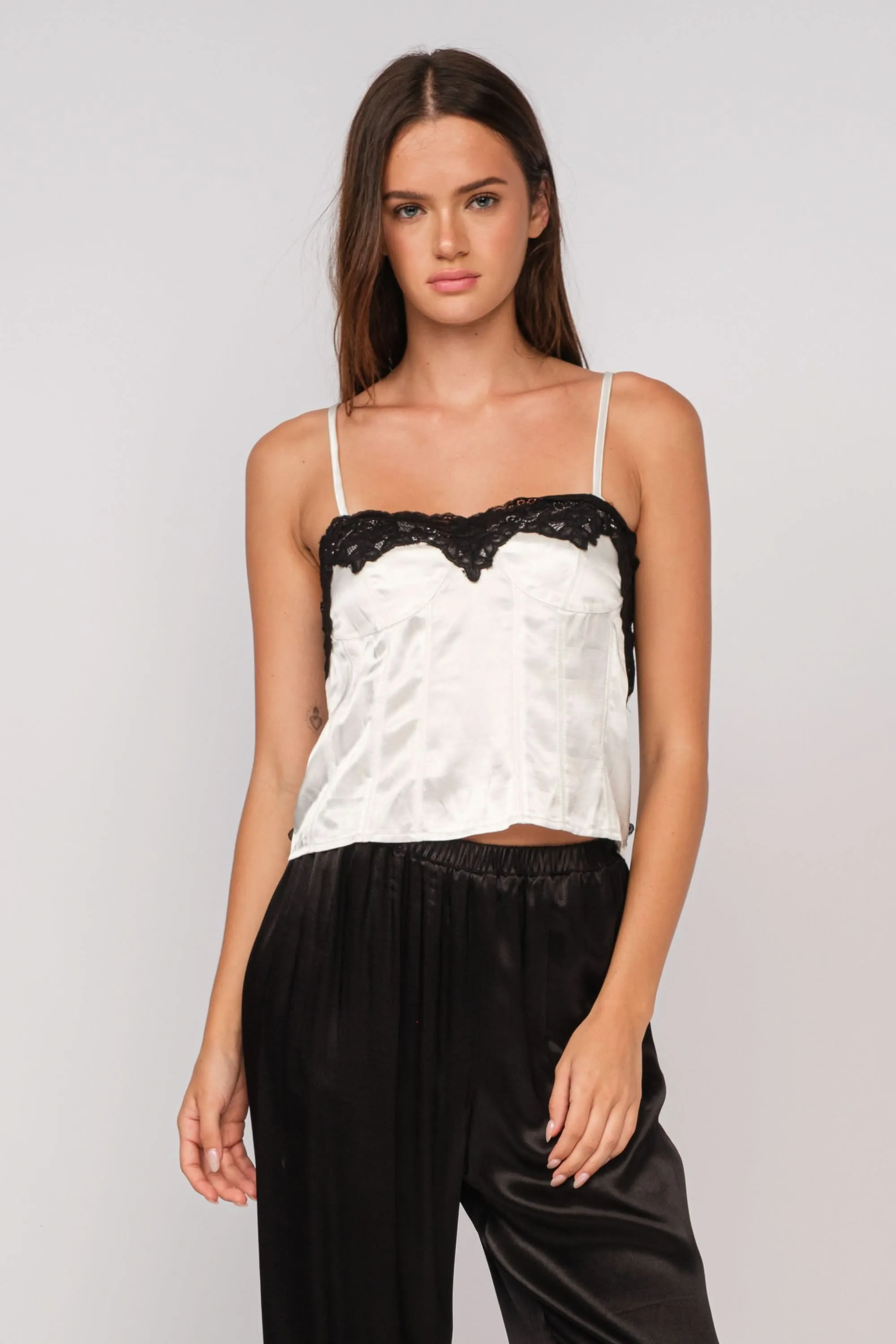 Lucy Ivory and Black Lace Satin Cami Top sold by Boho Pink