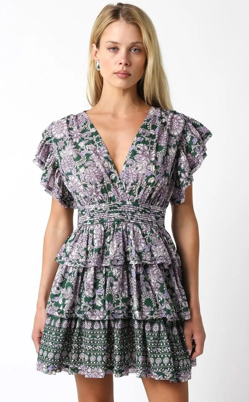 Jodie Green Floral Tiered Ruffle Mini Dress sold by Boho Pink