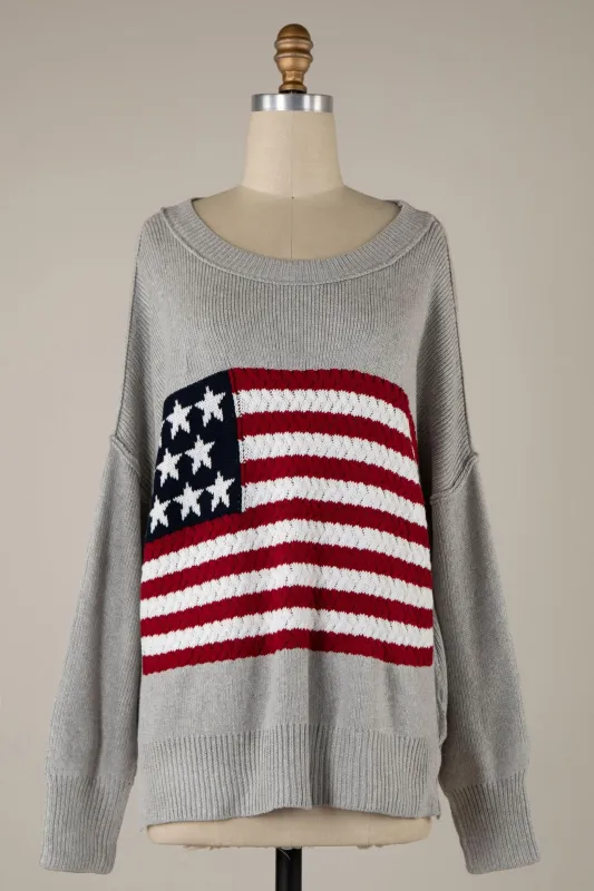 Land of Free Grey Oversized American Flag Sweater sold by Boho Pink