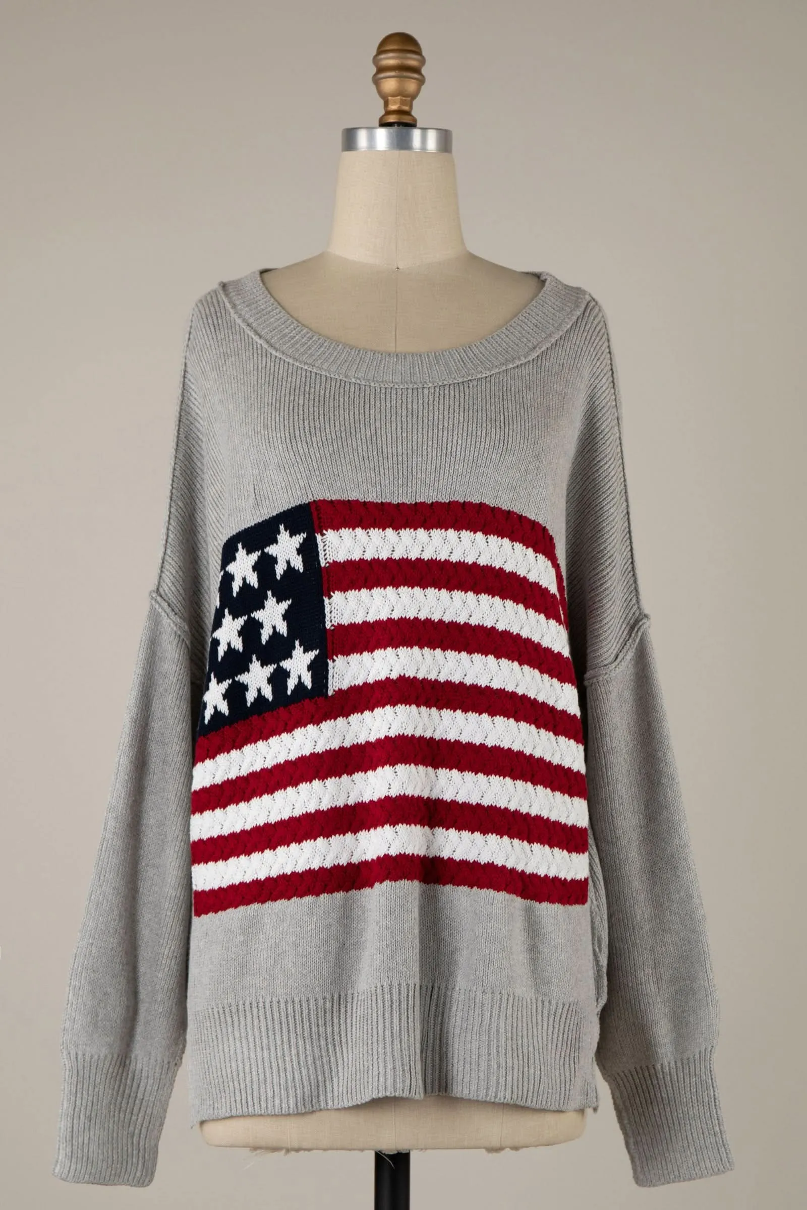 Land of Free Grey Oversized American Flag Sweater sold by Boho Pink
