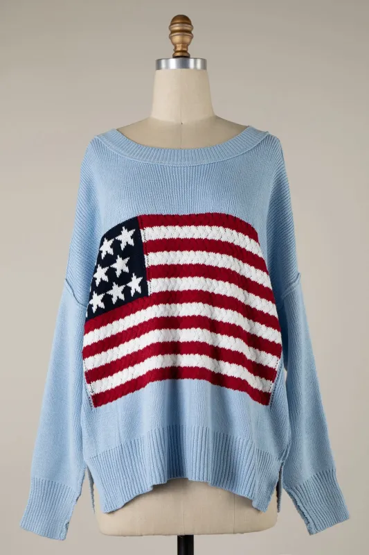 Land of Free Light Blue Oversized American Flag Sweater sold by Boho Pink