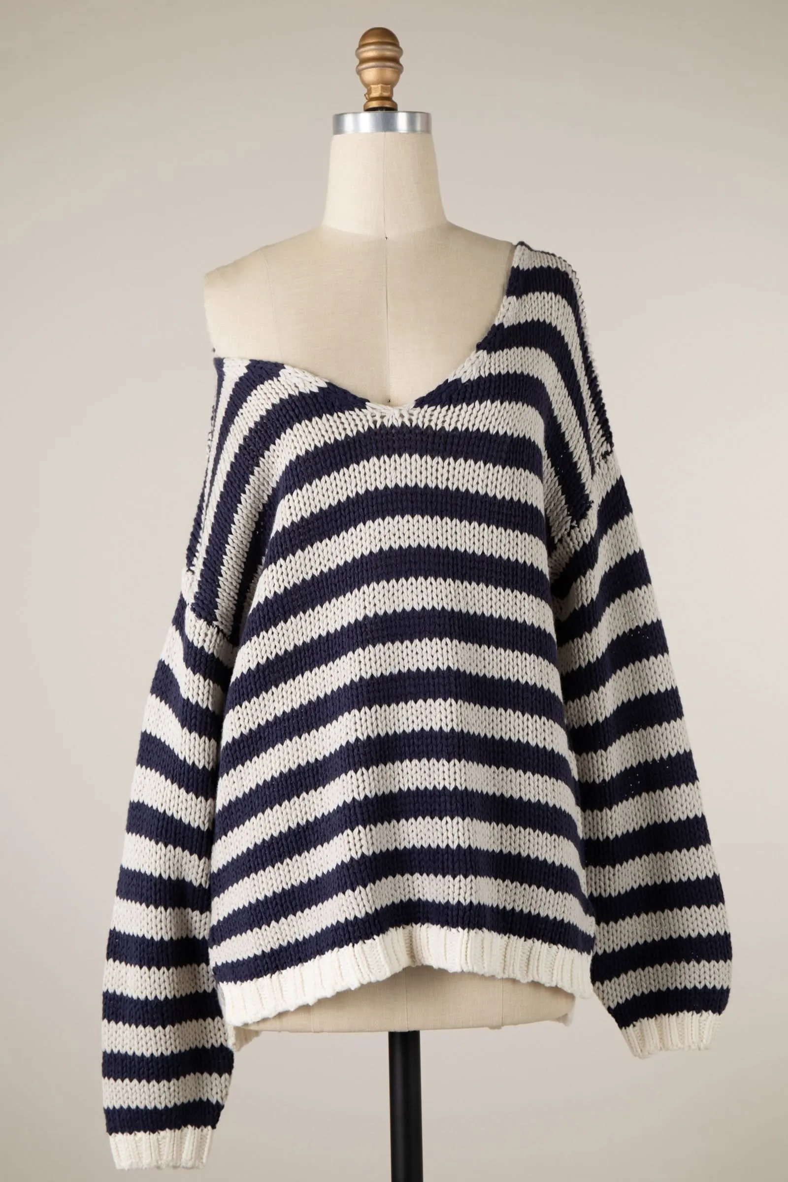 Lia Denim Stripe Oversized V-Neck Sweater Top sold by Boho Pink