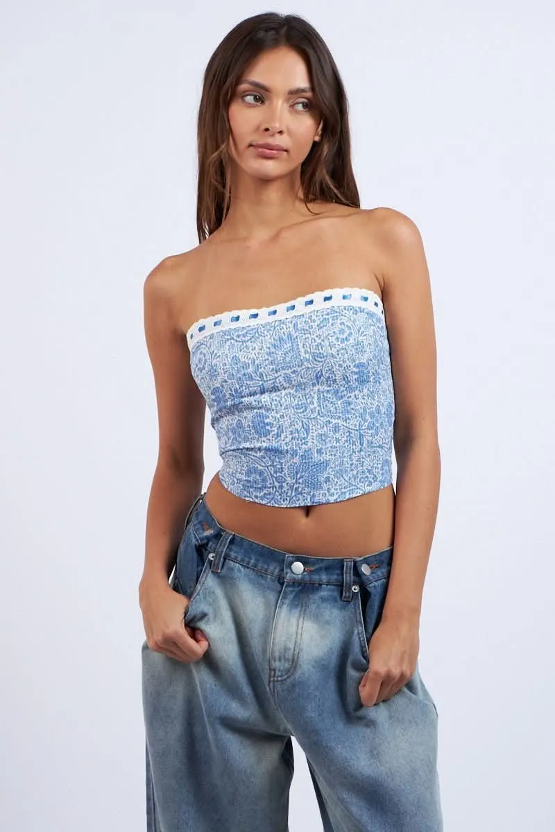 Cora Blue Floral Print Tube Top sold by Boho Pink