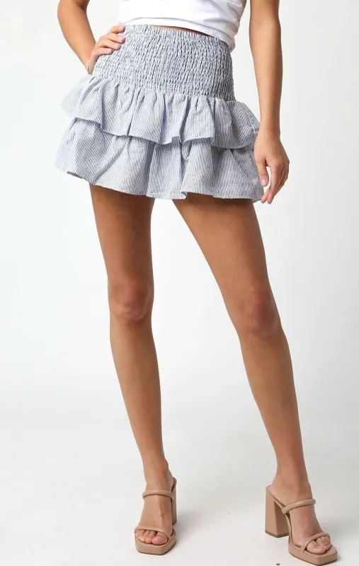 Willow Blue Striped Linen Ruffle Mini Skirt sold by Boho Pink