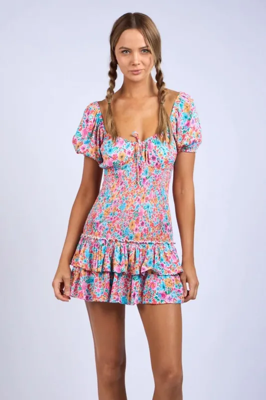 Mimi Aqua & Pink Floral Puff Sleeve Mini Dress made by Sky to Moon 