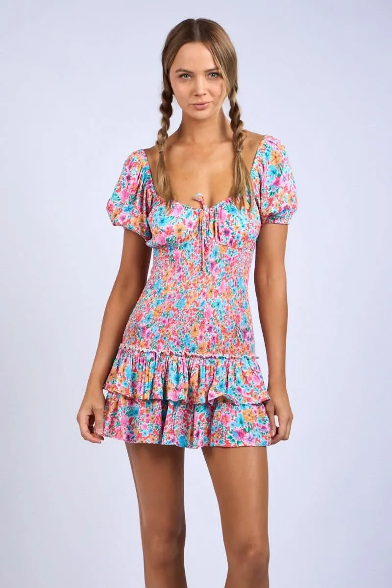 Mimi Aqua & Pink Floral Puff Sleeve Mini Dress sold by Boho Pink
