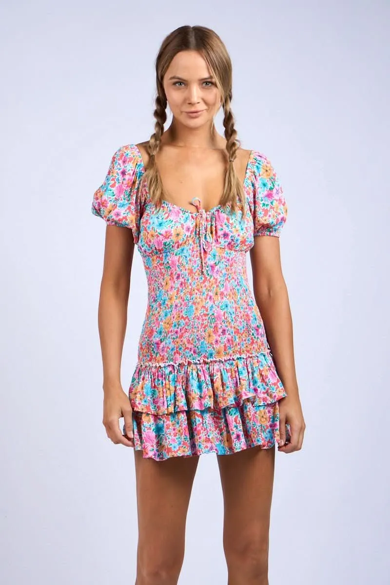 Mimi Aqua & Pink Floral Puff Sleeve Mini Dress sold by Boho Pink product image thumbnail 2