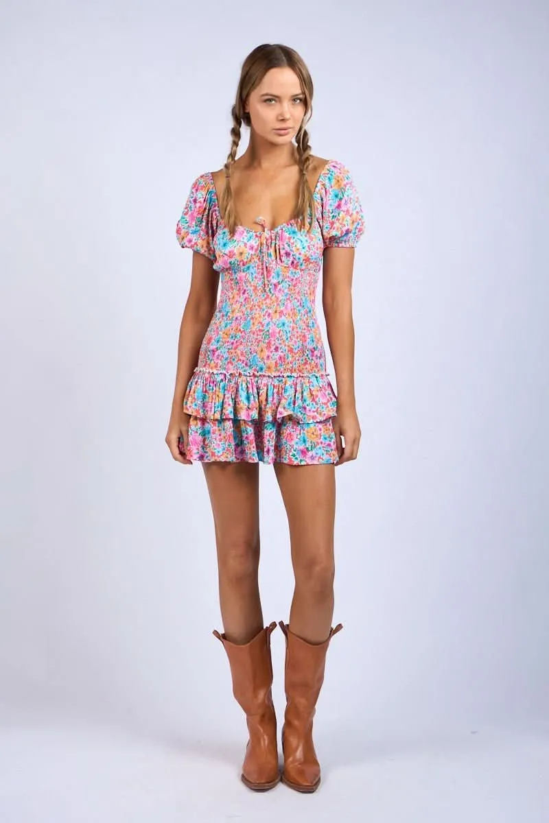 Mimi Aqua & Pink Floral Puff Sleeve Mini Dress sold by Boho Pink product image thumbnail 4