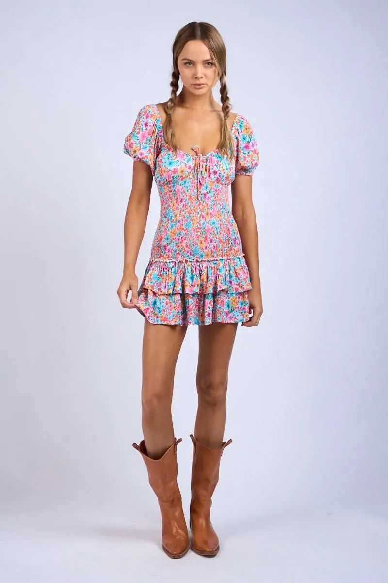 Mimi Aqua & Pink Floral Puff Sleeve Mini Dress sold by Boho Pink product image thumbnail 5