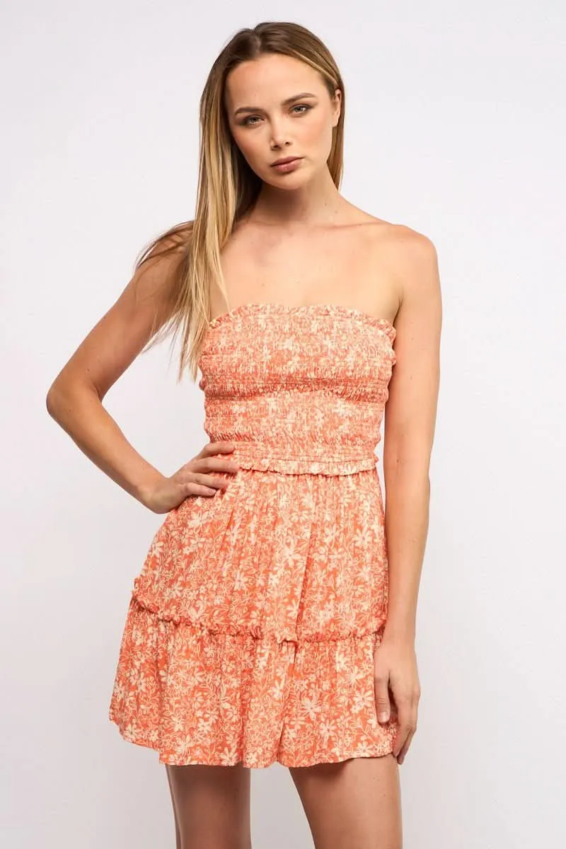 Alana Orange Floral Strapless Mini Dress sold by Boho Pink