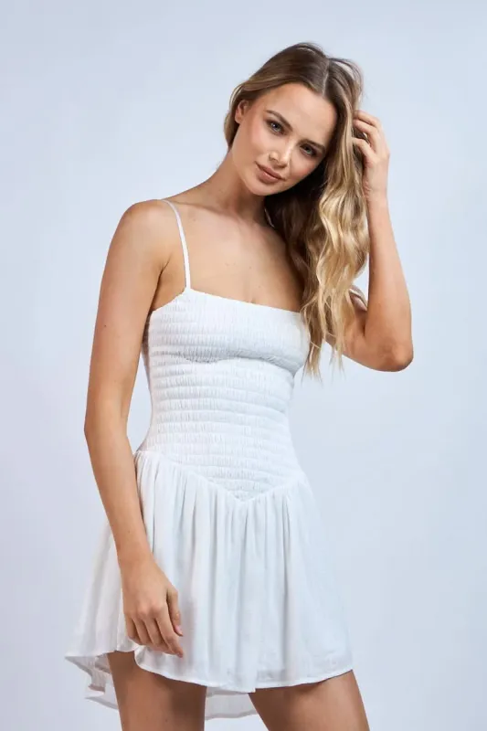 Ainsley White Smocked Cami Mini Dress sold by Boho Pink