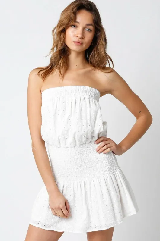 Delaney White Eyelet Strapless Mini Dress sold by Boho Pink