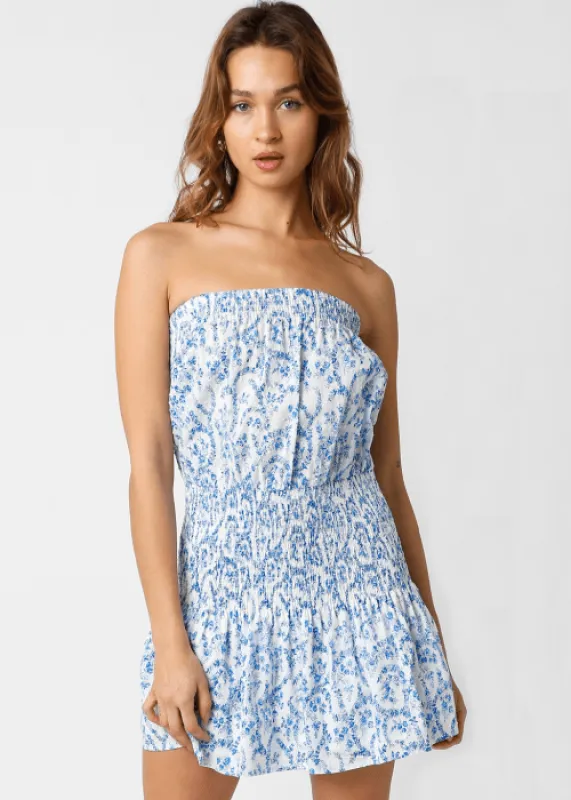 Delaney White and Blue Floral Strapless Mini Dress sold by Boho Pink