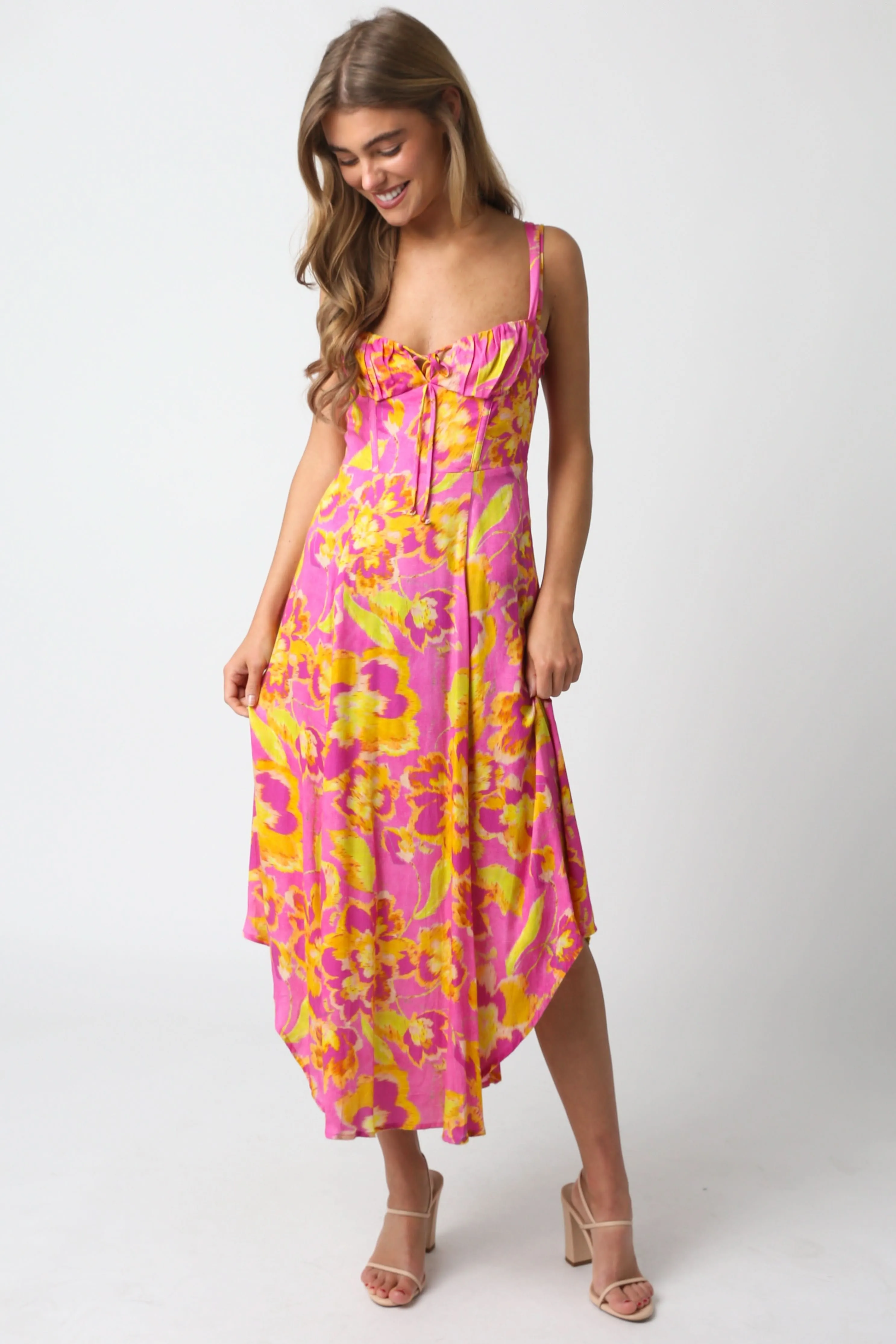 Ios Pink and Yellow Floral Corset Midi Dress sold by Boho Pink
