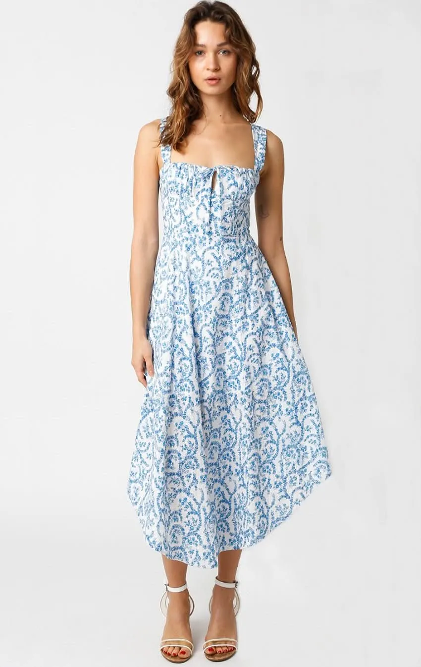 Ios White and Blue Floral Corset Midi Dress sold by Boho Pink