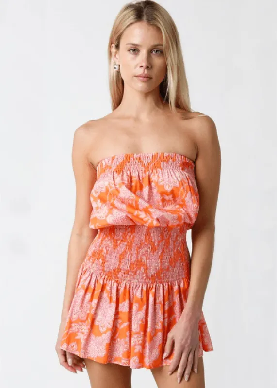 Delaney Orange Floral Strapless Mini Dress sold by Boho Pink