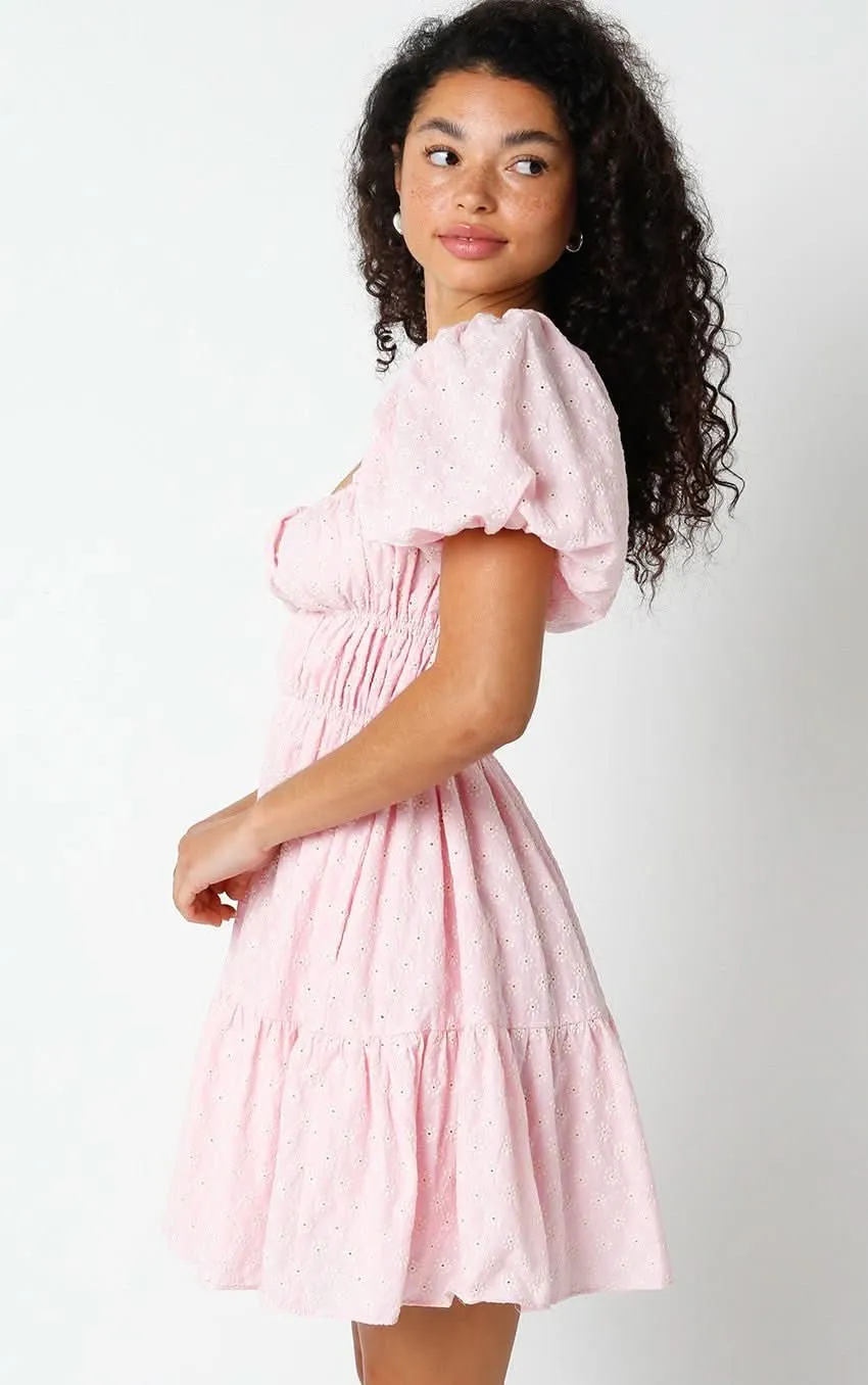 Kendall Pink Eyelet Puff Sleeve Mini Dress sold by Boho Pink product image thumbnail 2