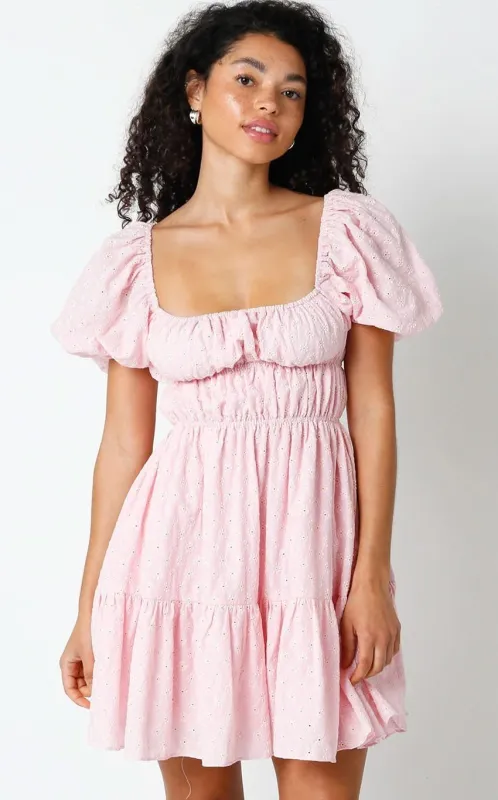 Kendall Pink Eyelet Puff Sleeve Mini Dress sold by Boho Pink