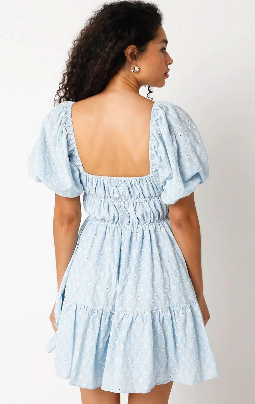 Kendall Blue Eyelet Puff Sleeve Mini Dress sold by Boho Pink product image thumbnail 3