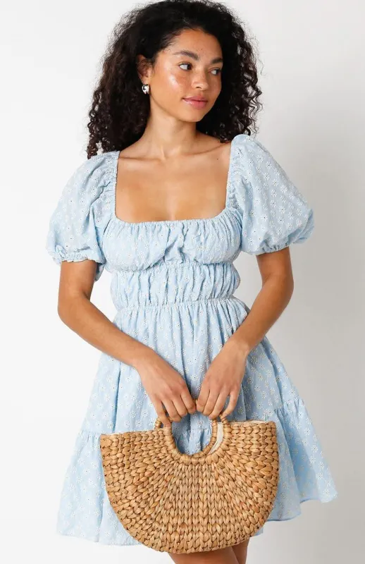 Kendall Blue Eyelet Puff Sleeve Mini Dress sold by Boho Pink