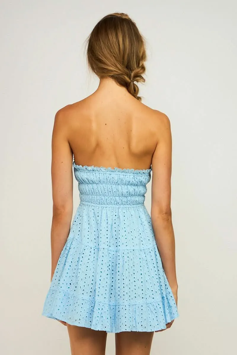Sarah Blue Eyelet Strapless Mini Dress sold by Boho Pink product image thumbnail 4