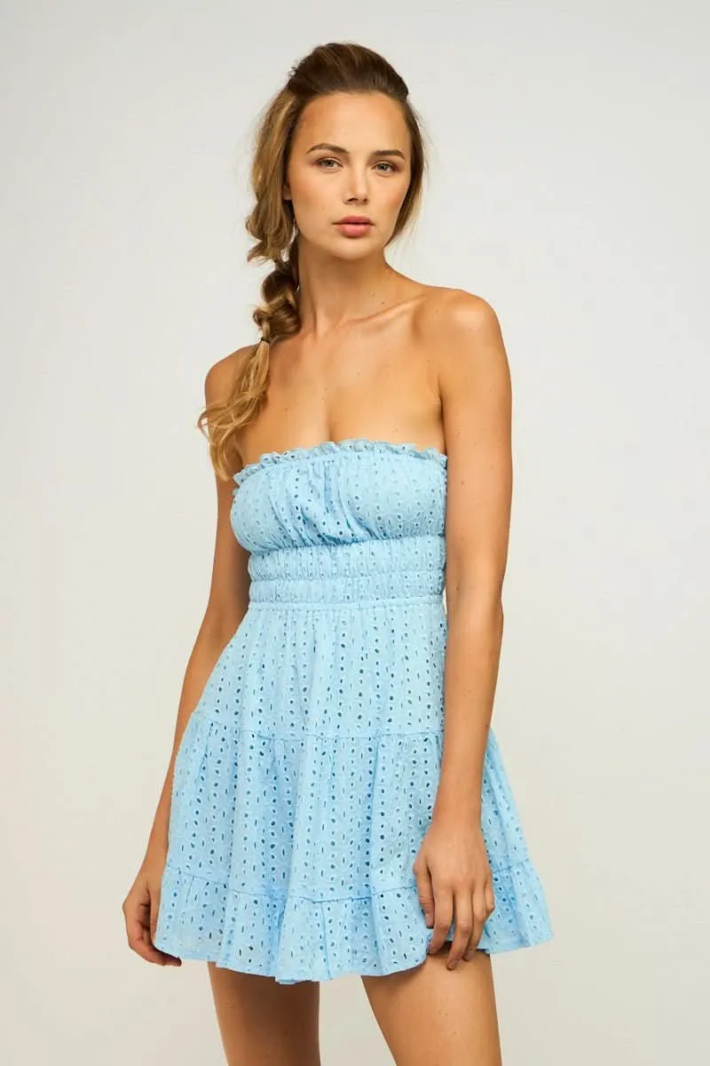 Sarah Blue Eyelet Strapless Mini Dress sold by Boho Pink