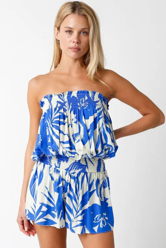 Myla Blue and Cream Floral Strapless Romper sold by Boho Pink
