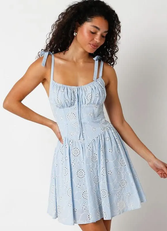 Chateau Blue Eyelet Lace Bustier Dress sold by Boho Pink