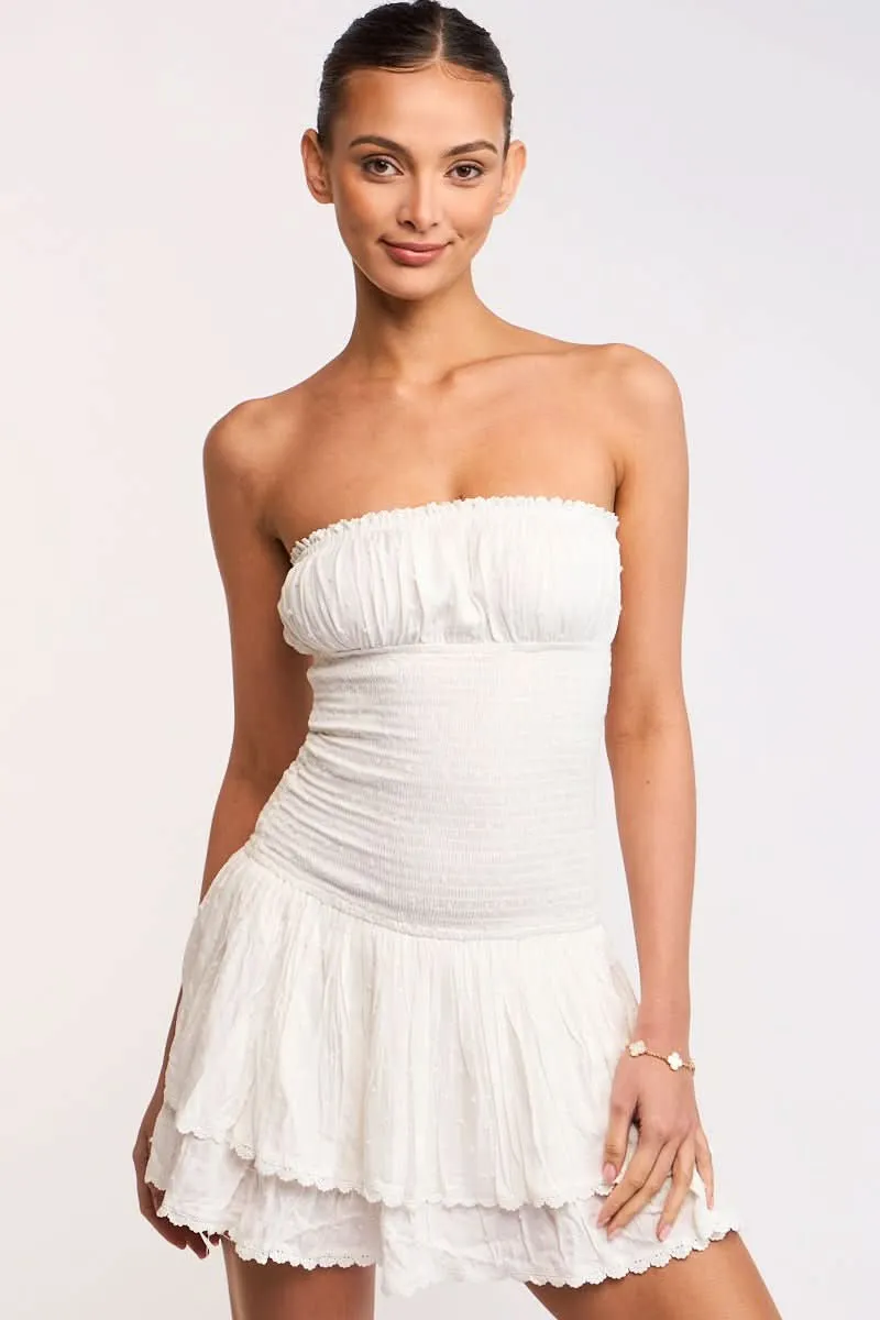 Lyla White Strapless Drop Waist Mini sold by Boho Pink