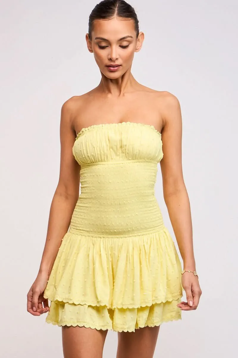 Lyla Yellow Strapless Drop Waist Mini sold by Boho Pink