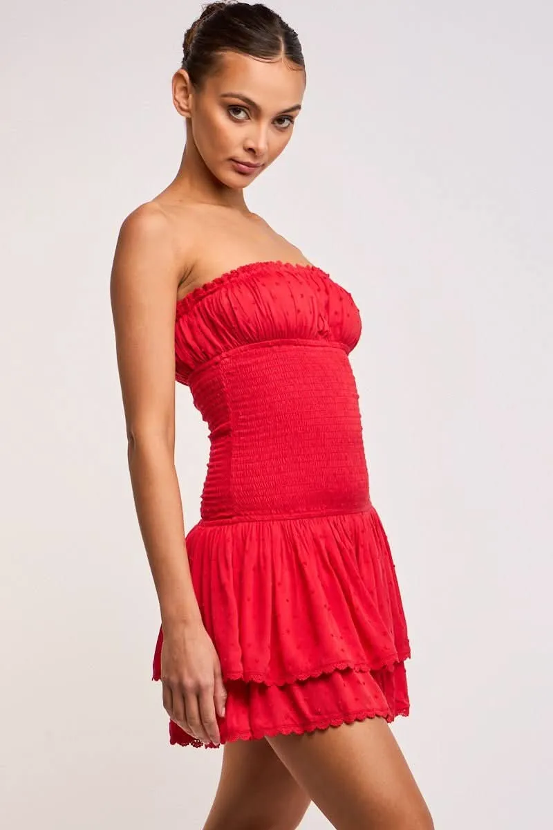 Lyla Red Strapless Drop Waist Mini sold by Boho Pink