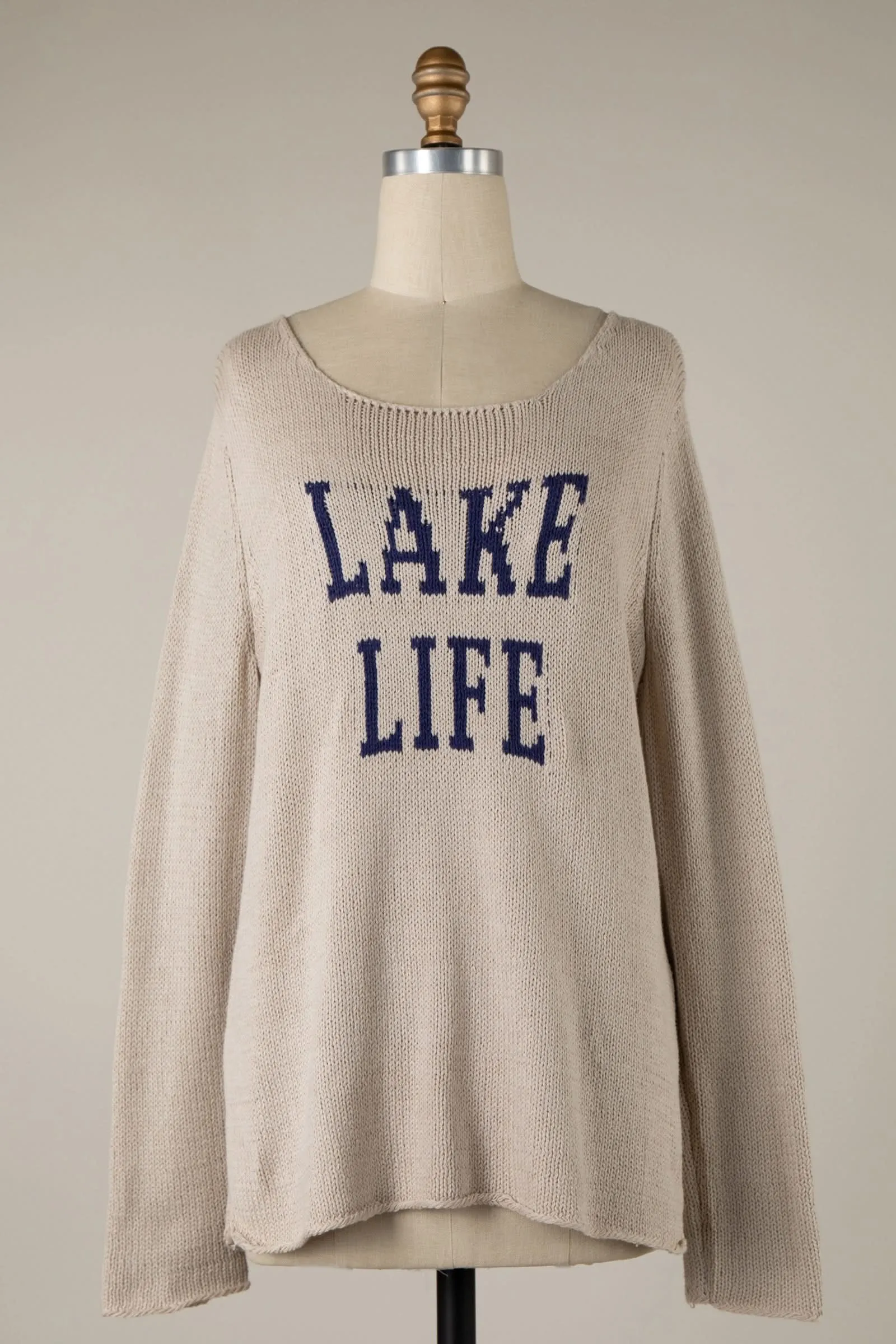 Lake Life Khaki and Navy Sweater sold by Boho Pink