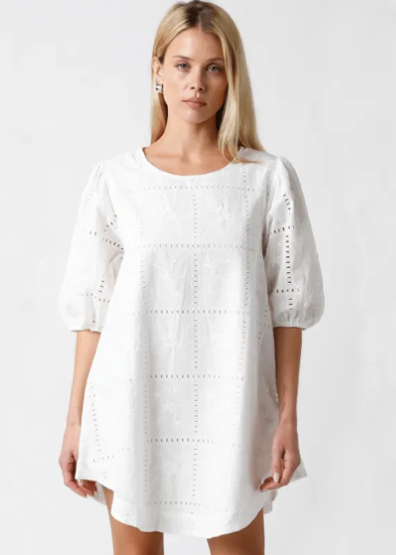 Kelly White Eyelet Puff Sleeve Shift Dress made by Olivaceous