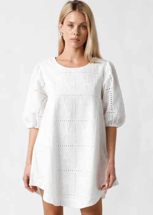 Kelly White Eyelet Puff Sleeve Shift Dress sold by Boho Pink