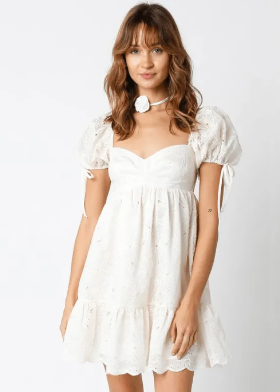 Tate Cream Eyelet Puff Sleeve Mini Dress sold by Boho Pink