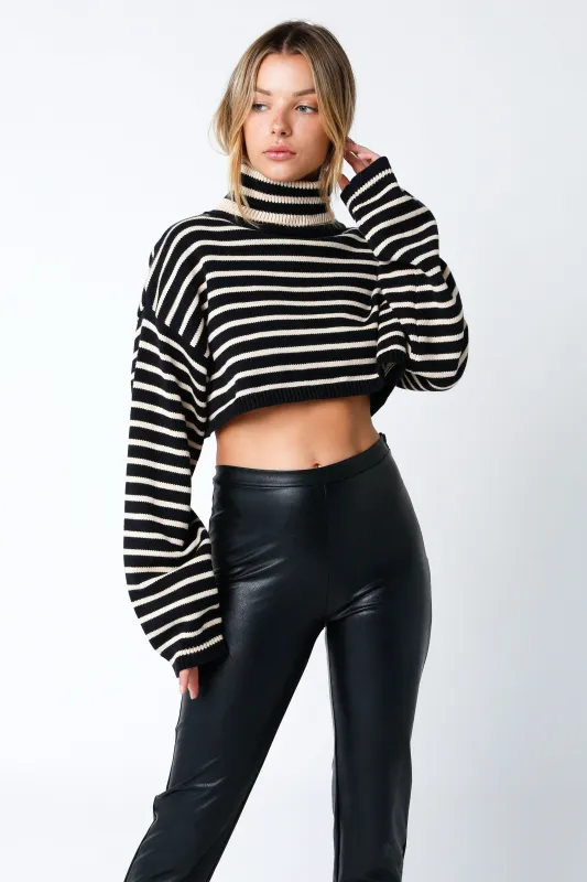 Marla Black & Natural Striped Cropped Turtleneck Sweater made by Olivaceous