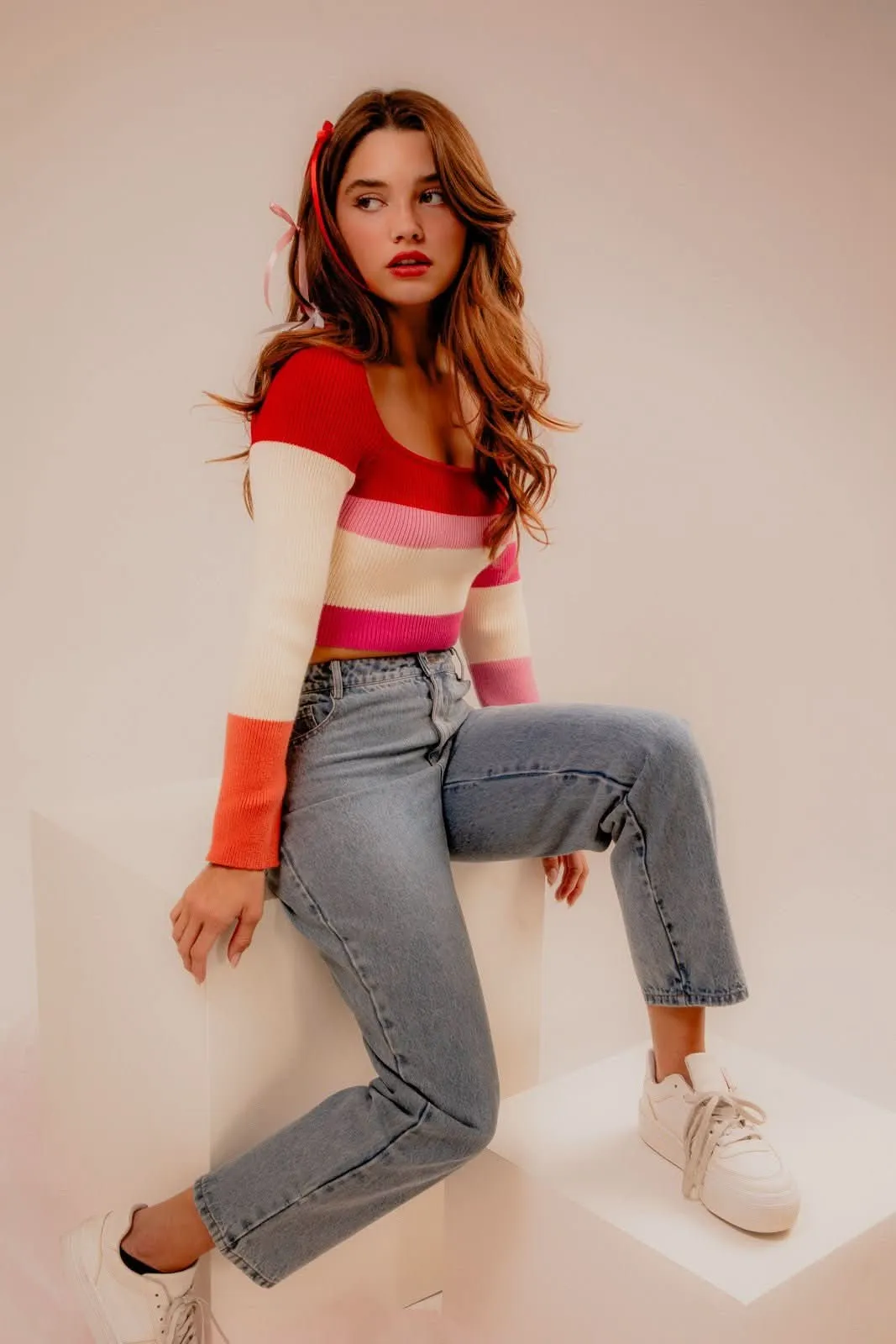 On Repeat Red Colorblock Cropped Sweater sold by Boho Pink product image thumbnail 5