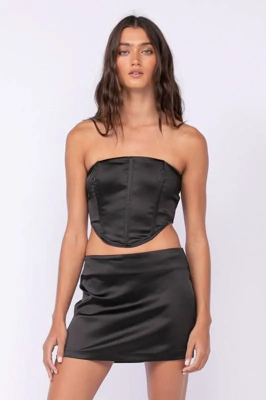 Portia Black Satin Corset Mini Dress Set sold by Boho Pink