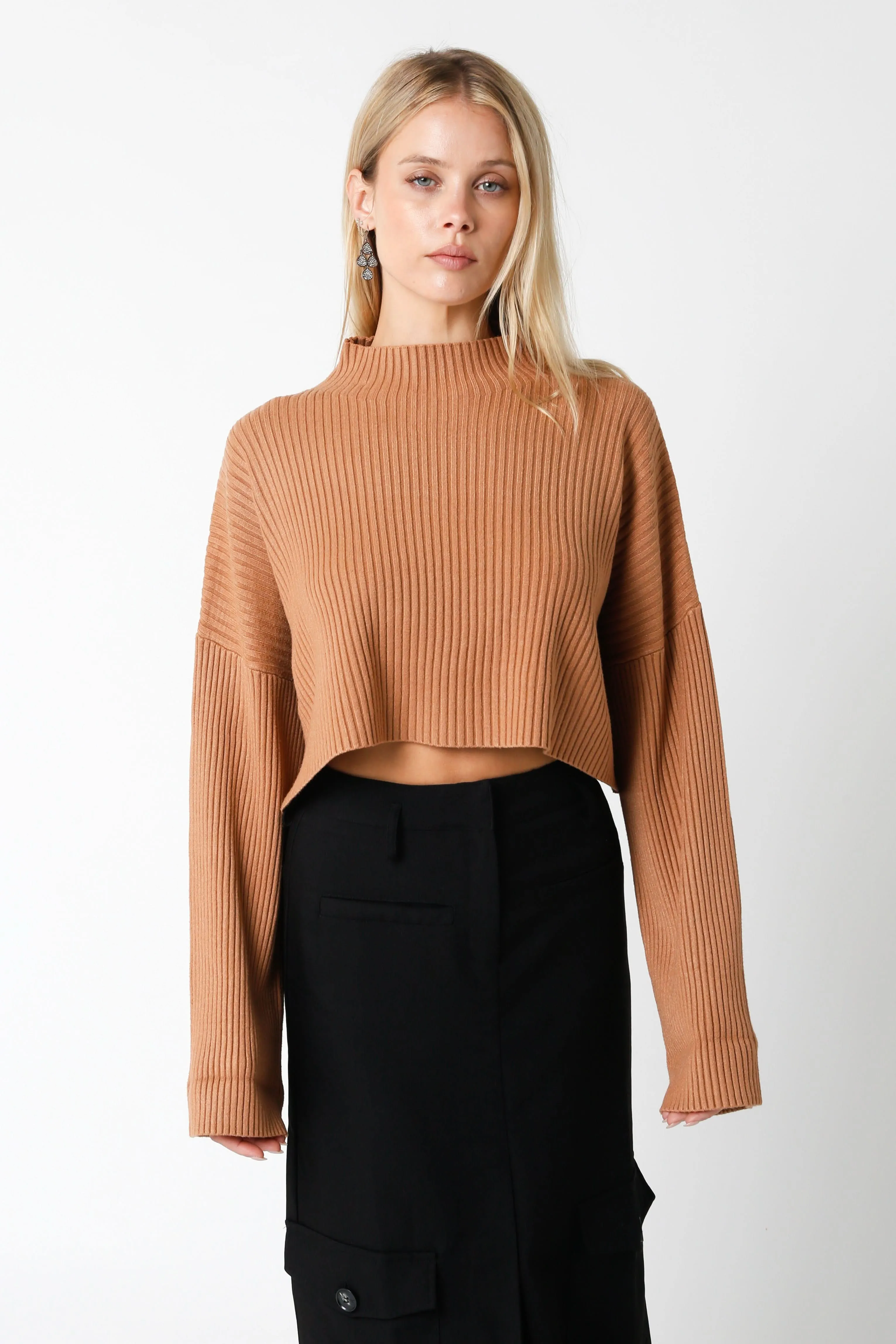 East Side Mocha Ribbed Knit Mock Neck Sweater sold by Boho Pink