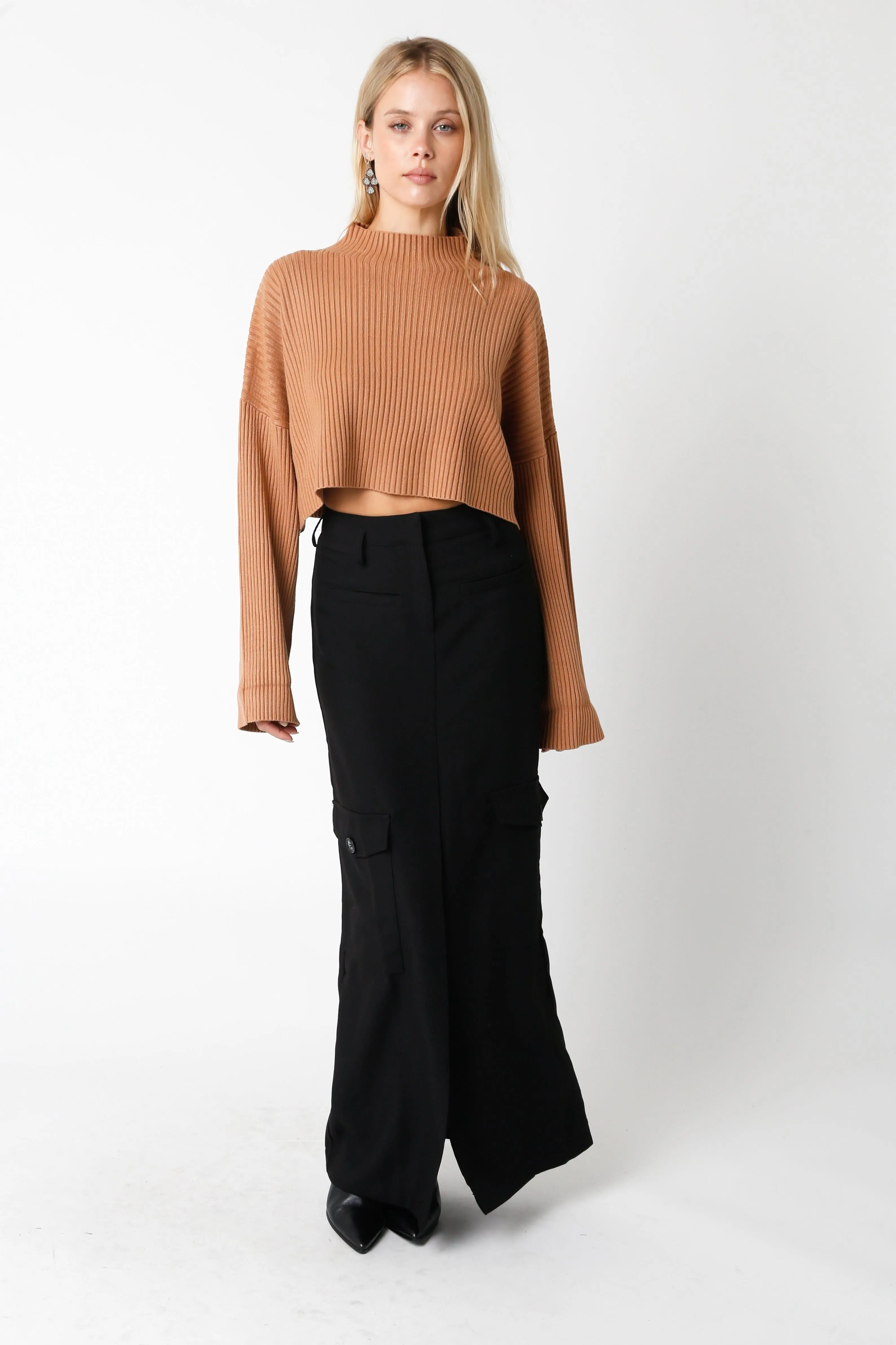 East Side Mocha Ribbed Knit Mock Neck Sweater sold by Boho Pink product image thumbnail 4