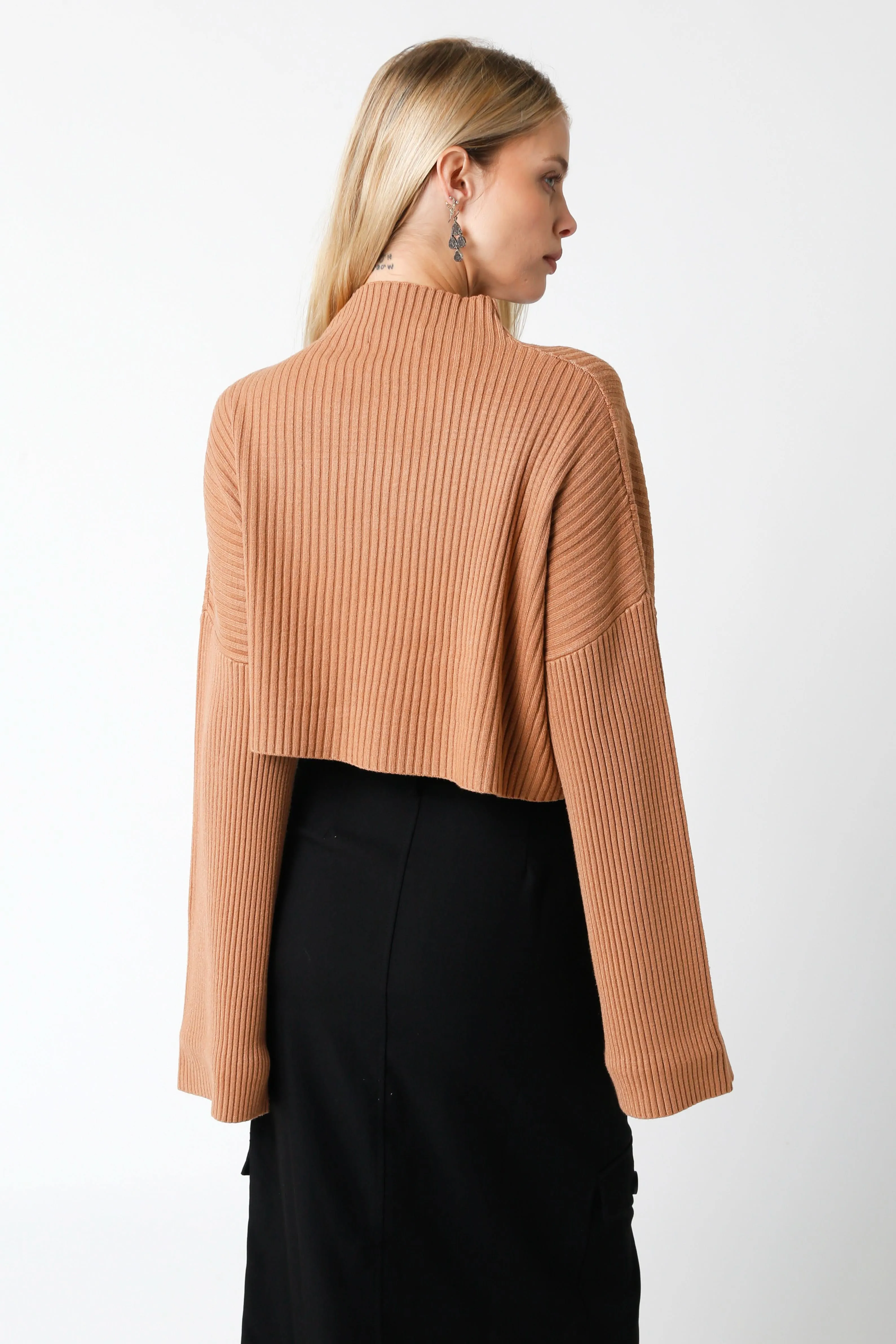 East Side Mocha Ribbed Knit Mock Neck Sweater sold by Boho Pink product image thumbnail 3