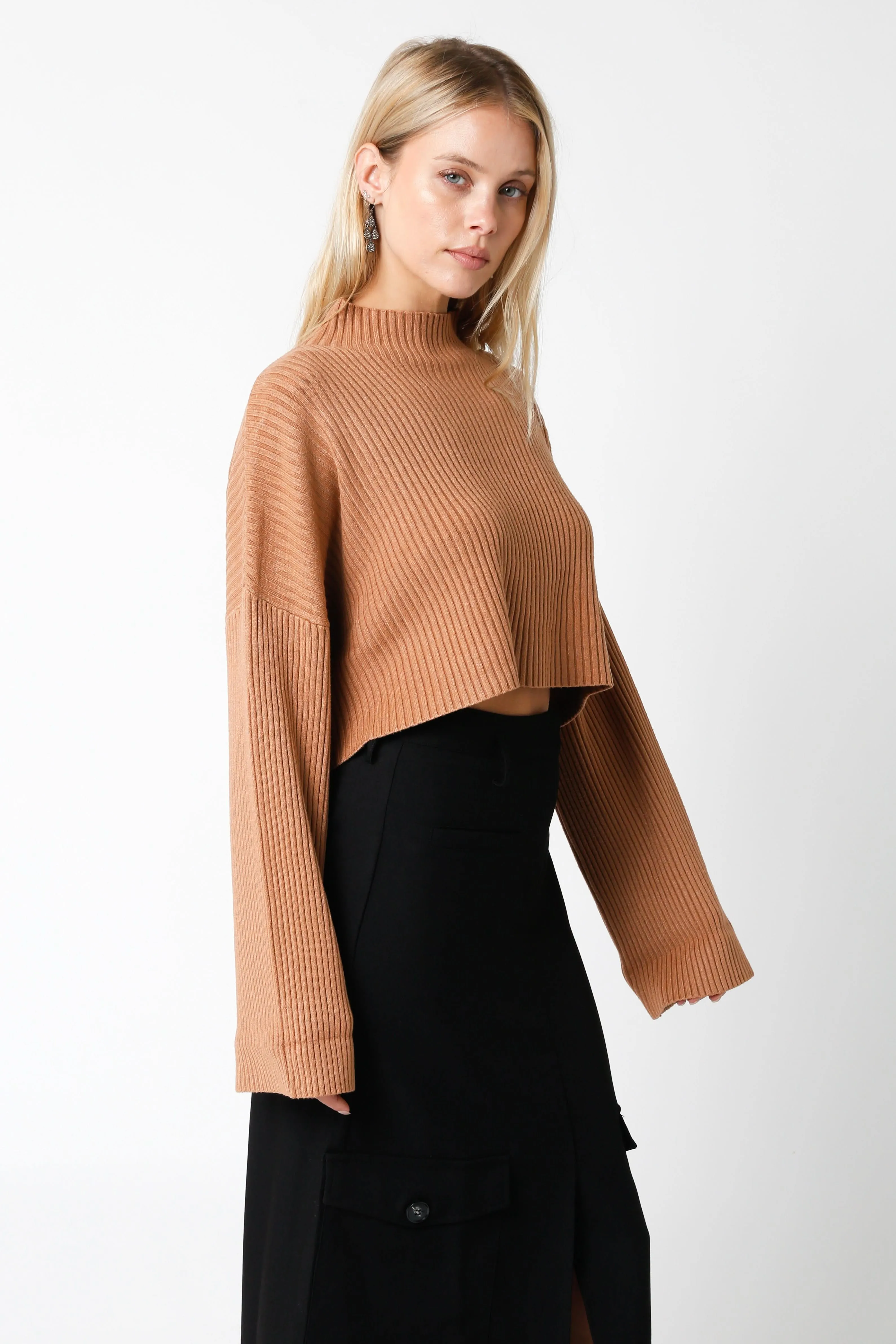 East Side Mocha Ribbed Knit Mock Neck Sweater sold by Boho Pink product image thumbnail 2