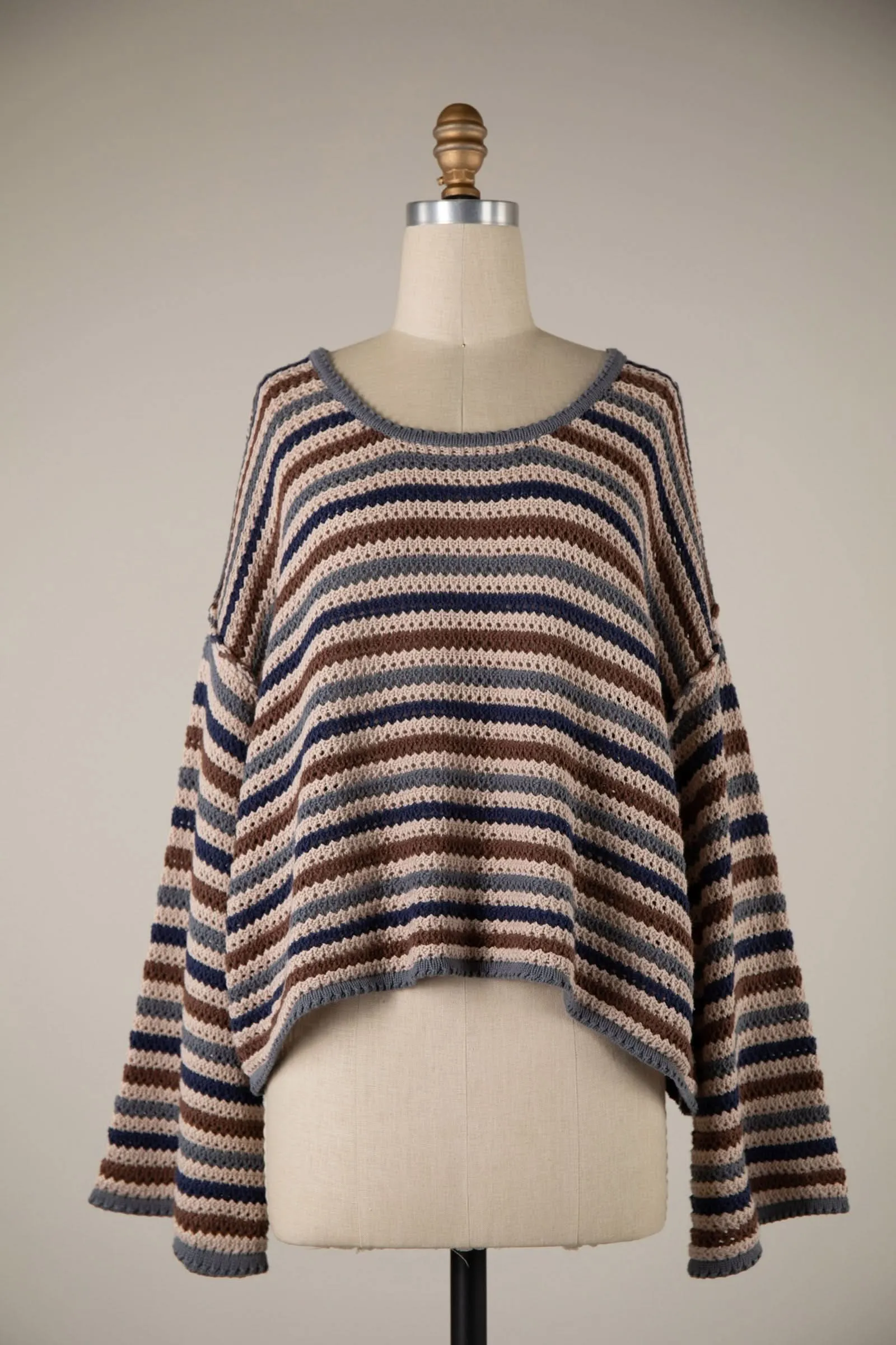 Angie Taupe Multi Striped Crochet Sweater sold by Boho Pink