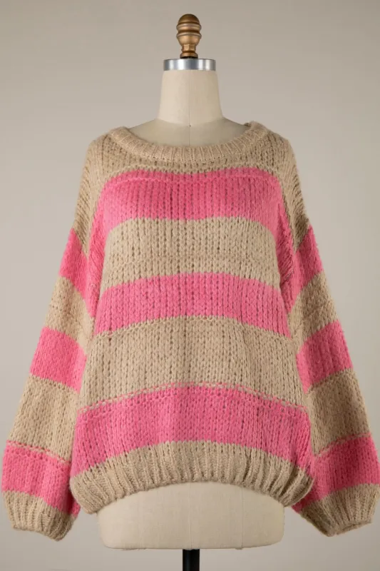 Poppy Beige and Pink Striped Oversized Sweater sold by Boho Pink