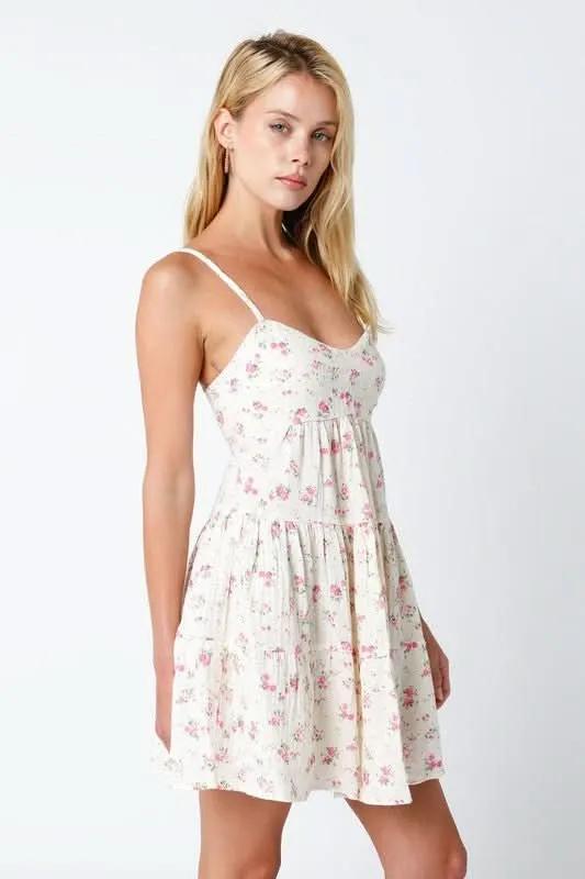 Promenade Cream and Pink Floral Tiered Mini Dress sold by Boho Pink product image thumbnail 3