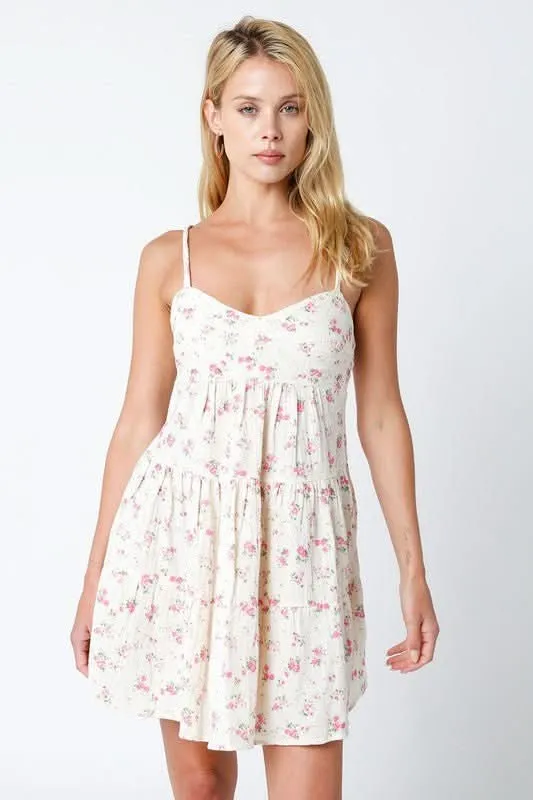 Promenade Cream and Pink Floral Tiered Mini Dress sold by Boho Pink