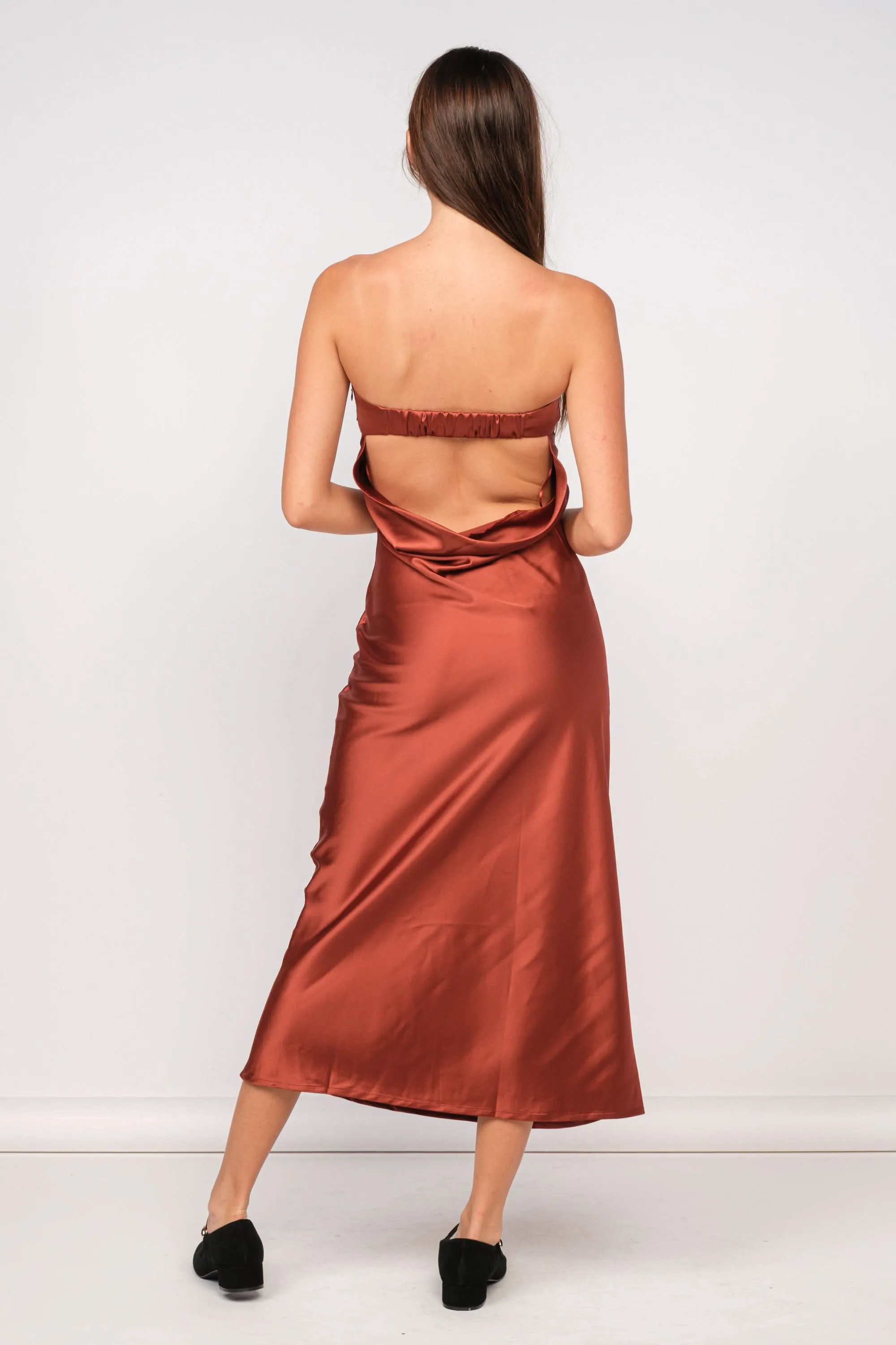 Irene Rust Satin Strapless Maxi Dress sold by Boho Pink product image thumbnail 2