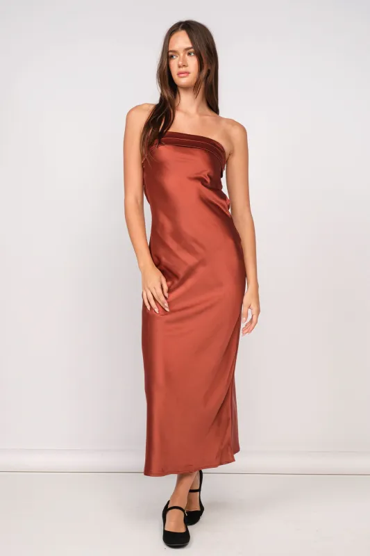 Irene Rust Satin Strapless Maxi Dress sold by Boho Pink