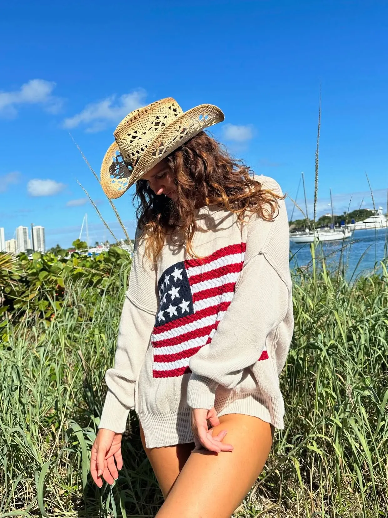 Land of Free Beige Oversized American Flag Sweater sold by Boho Pink product image thumbnail 4